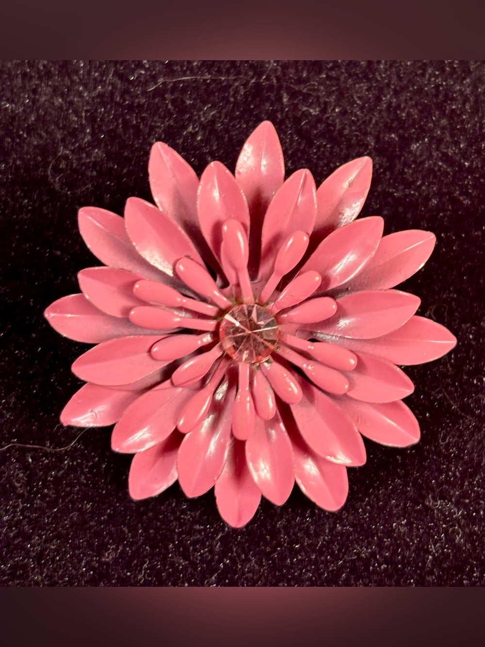 Vintage Pink Enamel Flower Brooch Rhinestone Center Layered Floral Pin
